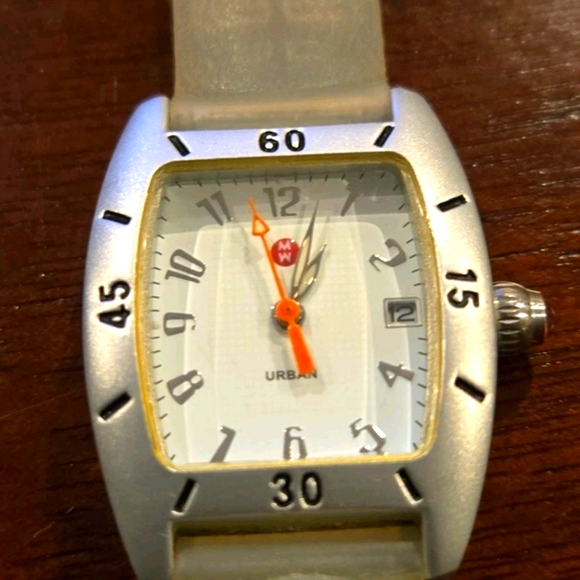 Michele Urban Outfitters Silver Watch with Orange Details